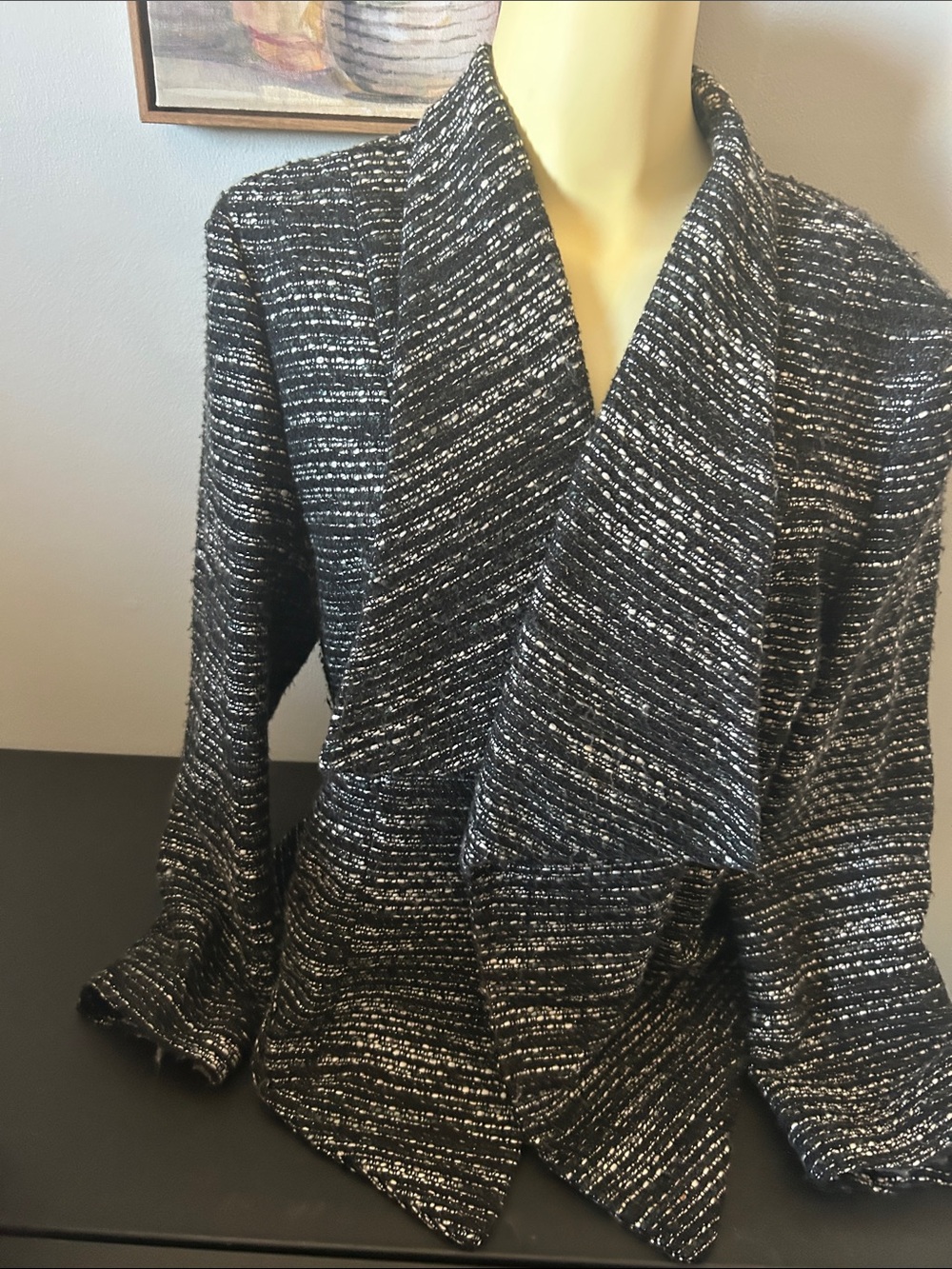 Chico's Black and White Textured Draped Open-Front Jacket